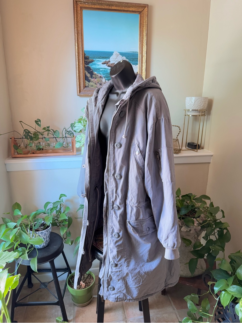 Vintage Utility Long Parka Jacket with Hood Gray